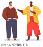 Cartoon people standing. Bearded man in brown sweater stands with hands in pockets, dark-skinned woman speaks to man, wears earrings and glasses, yellow blouse and red pants. Conceptual office heroes. Cartoon office characters standing and talking. Bearded man and dark-skinned woman in bright clothes. Стоковая иллюстрация, агентство Ingram Publishing / Фотобанк Лори