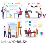 Set of images office workers, workflow. Managers, lawyers, litigation, marketers, teamwork. Planning, contracting, make deal, financial consulting Infographic icons Flat image for landing pages. Office workers. Finance, consulting, judicial sports, lawyers. Managers, employees, partners. Стоковая иллюстрация, агентство Ingram Publishing / Фотобанк Лори