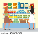 Girls next to the food counter are choosing goods. Women are communicating during a shopping. Supermarket sales and discounts concept. Female buyer is shopping in the grocery store with purchases. Girls next to the food counter are choosing goods. Women communicate during a shopping sale. Стоковая иллюстрация, агентство Ingram Publishing / Фотобанк Лори