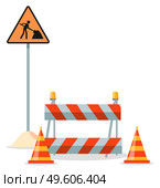 Road repair flat vector illustration. Under construction information sign. Maintenance and construction of pavement. Special equipment for fencing the way. Street barrier for roadwork and building. Road repair vector illustration. Under construction sign. Maintenance and construction of pavement. Стоковая иллюстрация, агентство Ingram Publishing / Фотобанк Лори
