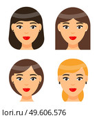 Set of women types of haircuts or hairstyles. Brunette girl with short hair and forelock. Brown-haired female with long hair. Cute brown-haired bob haircut. Pretty blonde woman with elegance ponytail. Set of women with different haircuts or hairstyles, cartoon character heads, beautiful female faces. Стоковая иллюстрация, агентство Ingram Publishing / Фотобанк Лори