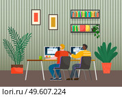 Teamwork, office life, workers men with computers sitting near table and working, colleagues discussing work moments, partners, project managers, businesspeople communication, coders, programmers. Teamwork, office life, workers men with computers sitting near tables and working, colleagues. Стоковая иллюстрация, агентство Ingram Publishing / Фотобанк Лори