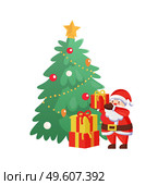 Merry Christmas celebration tree with Santa Claus vector. Winter character packing gifts, presents with wrappings and bows ribbons. Pine and male. Merry Christmas Celebration Tree with Santa Claus. Стоковая иллюстрация, агентство Ingram Publishing / Фотобанк Лори