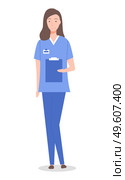 Isolated at white cartoon character. Doctor woman or nurse wearing medical suit holding clipboard with anamnesis or diagnose of patient. Healthcare, medical concept. Physician therapist in flat style. Doctor woman or nurse wearing medical suit holding clipboard with anamnesis or diagnose of patient. Стоковая иллюстрация, агентство Ingram Publishing / Фотобанк Лори