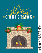 Merry Christmas lettering, stacked stone fireplace with decorations on Xmas Eve, wreaths with bells and mistletoe, vector mantelpiece with burning logs. Merry Christmas Lettering, Stacked Stone Fireplace. Стоковая иллюстрация, агентство Ingram Publishing / Фотобанк Лори