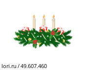 Christmas branch with fire candles and presents. Coniferous twig warped gold chaplet with snowflakes and balls. Shining winter decoration vector isolated. Christmas Branch with Candles and Presents Vector. Стоковая иллюстрация, агентство Ingram Publishing / Фотобанк Лори
