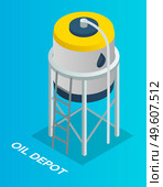 Oil petroleum industry. Oil depot with ladder, isolated symbol at blue. Storage, tank, cistern, vat, tub with oil. Resorvoir, with crude oil. Industrial construction with oil liquid. Flat vector icon. Oil depot isolated icon, oil storage reservoir with ladder, oil petroleum industry, oil production. Стоковая иллюстрация, агентство Ingram Publishing / Фотобанк Лори