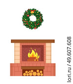 Fireplace with fire burning logs wooden fuel vector. Christmas holiday decoration, wreath made of pine tree branches and bells, bows ribbons circle. Fireplace with Fire Burning Logs Wooden Fuel Decor. Стоковая иллюстрация, агентство Ingram Publishing / Фотобанк Лори