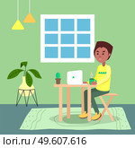 Black man with hot coffee on table sitting and using laptop. Quarantine distance work. Freelance work at home. Effectively organizing home time. Home office. Young guy working online, freelancer. Black man sitting at table using laptop, work at distance, remotely working, quarantine isolation. Стоковая иллюстрация, агентство Ingram Publishing / Фотобанк Лори