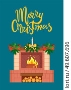 Merry Christmas fireplace decorated with bows vector. Redbrick construction with flames and fire, candle with mistletoe and berries, cones and baubles. Merry Christmas Fireplace Decorated with Bows. Стоковая иллюстрация, агентство Ingram Publishing / Фотобанк Лори