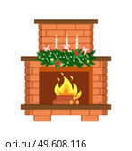 Fireplace decorated with candles and pine branches vector. Presents with ribbons and bows, needles of spruce, snowflakes and garlands decoration Christmas. Fireplace Decorated with Candles and Pine Branches. Стоковая иллюстрация, агентство Ingram Publishing / Фотобанк Лори