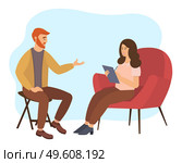 Woman is sitting on a large red sofa. The psychologist makes notes with smilling and asks questions. Man is helping female character to solve gaps. Psychotherapy session isolated on white background. Woman is sitting on a large sofa. The psychologist sits with a tablet and asks the questions. Стоковая иллюстрация, агентство Ingram Publishing / Фотобанк Лори