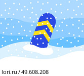 A striped snowboard partially peeks out of the snow. Equipment for snowboarding in snowy mountains in winter. Blue and yellow board in the cold season. Snowstorm during entertainment at the resort. Striped snowboard partially peeks out of the snow. Equipment for snowboarding in mountains in winter. Стоковая иллюстрация, агентство Ingram Publishing / Фотобанк Лори