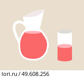 Pomegranate juice in glass jar flat vector illustration. Cartoon jug isolated on white background. Organic product in carafe, transparent decanter. Glass filled with fruit drinks next to a full vessel. Pomegranate juice in transparent glass jar vector illustration. Jug isolated on white background. Стоковая иллюстрация, агентство Ingram Publishing / Фотобанк Лори