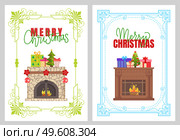 Merry Christmas, stone fireplace with New Year traditional decorations vector in frame. Natural, rustic mantelpiece with burning logs in fire, presents. Merry Christmas, Stone Fireplace New Year Decor. Стоковая иллюстрация, агентство Ingram Publishing / Фотобанк Лори