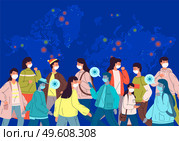 Coronavirus pandemic concept. World map and crowds of people wearing masks on all continents. Covid-19 outbreak vector illustration. Society during epidemic. Marks of the foci of disease on the map. Coronavirus pandemic concept. World map and crowds of people wearing masks. Society during epidemic. Стоковая иллюстрация, агентство Ingram Publishing / Фотобанк Лори