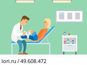 Patient with injured leg on a consultation with a doctor. Podiatrist puts a bandage on the knee of a girl. Woman lies on the bed and looks at the man. Girl and doctor communicate in the hospital. Patient with injured leg for consultation with doctor. Podiatrist puts a bandage on a knee of woman. Стоковая иллюстрация, агентство Ingram Publishing / Фотобанк Лори