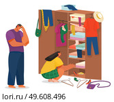 Scenes with the family doing housework, couple man and woman clean the house, washing clothes and putting things in the wardrobe or closet. Tired guy holding his head in his hand and active girl. Scenes with the family doing housework, couple man and woman clean the wardrobe or closet. Стоковая иллюстрация, агентство Ingram Publishing / Фотобанк Лори