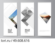 Vector layout of roll up mockup design templates with geometric simple shapes, lines and photo place for vertical flyers, flags design templates, banner stands, advertising design mockups. Vector layout of roll up mockup design templates with geometric simple shapes, lines and photo place for vertical flyers, flags design templates, banner stands, advertising design mockups. Стоковая иллюстрация, агентство Ingram Publishing / Фотобанк Лори