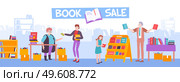 Book fair composition with flat images of bookfair market with doodle characters of visitors and librarian vector illustration. Book Fair Trade Composition. Редакционная иллюстрация, агентство Ingram Publishing / Фотобанк Лори