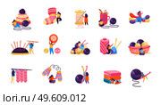 Set of isolated knitting flat recolor icons with images of clews needles knitwear and human characters vector illustration. Knitting Hobby Icon Set. Стоковая иллюстрация, агентство Ingram Publishing / Фотобанк Лори