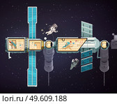 Astronauts in open space and international orbital station inside and outside cartoon vector illustration. Orbital Space Station Illustration. Стоковая иллюстрация, агентство Ingram Publishing / Фотобанк Лори