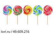 Lollypops realistic set of five striped sweet candies in colors of rainbow isolated vector illustration. Lollypops Colorful Realistic Set. Стоковая иллюстрация, агентство Ingram Publishing / Фотобанк Лори