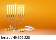 Happy hanukkah jewish festival celebration greeting with menora candelabrum lights six pointed david star symbols vector illustration. Hanukkah Realistic Background Composition. Стоковая иллюстрация, агентство Ingram Publishing / Фотобанк Лори