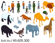 Isometric zoo color set with isolated human characters of visitors and various animals on blank background vector illustration. Isometric Zoo Icon Set. Стоковая иллюстрация, агентство Ingram Publishing / Фотобанк Лори