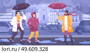 Weather shower flat composition with view of city street with cars houses and people with umbrellas vector illustration. Rain Showers Weather Composition. Стоковая иллюстрация, агентство Ingram Publishing / Фотобанк Лори