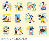 Influencer marketing color set of people representing new product by smartphone through personal social channels isolated flat vector illustration. Influencer Marketing Color Set. Стоковая иллюстрация, агентство Ingram Publishing / Фотобанк Лори