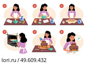 Homemade cooking infographics scheme with charming girl and six steps to prepare the finished product flat vector illustration. Homemade Cooking Infographics Scheme. Стоковая иллюстрация, агентство Ingram Publishing / Фотобанк Лори