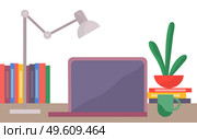 Pink laptop, green coffee pot, multi-colored documents of folder, cactus in red pot, beige work table, table lamp with movable mechanism. Workplace close up. Office furniture and electronics. Laptop, table, folders, potted plant, movable mechanism lamp, coffee cup. Office desk close-up. Стоковая иллюстрация, агентство Ingram Publishing / Фотобанк Лори