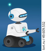 Futuristic model robot or android with artificial intelligence. Dark blue gradient background. Tracked white metal robot. Futuristic cyber smart electronic machine. Technologically developed android. Smart scifi cyborg with artificial intelligence. Scientific technological test android model. Стоковая иллюстрация, агентство Ingram Publishing / Фотобанк Лори