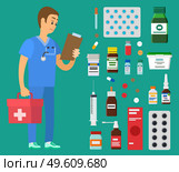 Medical clinic worker holding document and first aid kit. Emergency doctor examines patient card. Paramedic prepares to go on emergency call. Man in blue uniform near set of medical supplies. Emergency doctor near set of medical supplies. Medical worker holding patient card and first aid kit. Стоковая иллюстрация, агентство Ingram Publishing / Фотобанк Лори
