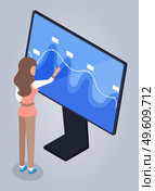 A woman, specialist or doctor is standing and studying wave-like graph on gigantic computer monitor. Research and data monitoring. Medical or business research. Blue chart. Flat isometric image.. A woman, doctor or businesswoman studies a giant wave-like graph on a large monitor. Flat image. Стоковая иллюстрация, агентство Ingram Publishing / Фотобанк Лори