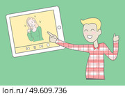 Happy smiling guy looking video at tablet with pretty girl, blogger concept, imitation of idol. Man touching screen of digital device. Cute shining girl, videoclip, vlog, vlogger. Vector characters. Happy smiling guy looking video at tablet with pretty girl, blogger concept, imitation of idol. Стоковая иллюстрация, агентство Ingram Publishing / Фотобанк Лори