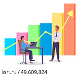 Large volum multi-colored bar chart. Yellow arrow of growth. Office workers discuss the project. Man at table with laptop. Profit growth, analytical report. Cartoon diagram for website, banner. Volumetric color bar chart, yellow arrow. Managers, office staff, men working on project, laptop. Стоковая иллюстрация, агентство Ingram Publishing / Фотобанк Лори