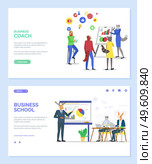 Business school vector, hipster animal teaching students. Deer giving presentation showing on board, listeners looking at whiteboard giving ideas. Website or webpage template, landing page flat style. Business Coach and School, Website with Hipsters. Стоковая иллюстрация, агентство Ingram Publishing / Фотобанк Лори