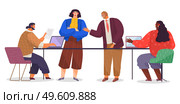 Office staff in room. Bearded man and dark-skinned woman use laptops, woman wears jacket stands with her arms crossed, red-haired man in glasses and strict suit tells. Conceptual office characters. Cartoon office workers in progress. Man and woman with laptops. Head and subordinates. Flat image. Стоковая иллюстрация, агентство Ingram Publishing / Фотобанк Лори