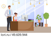 The girl works in the office at a laptop. The guy with a tie smiles and looks on the business lady. The boss helps the employee to cope with the task. Colleagues spend time at the workplace together. The girl works in the office at a laptop. The boss helps the employee to cope with the task. Стоковая иллюстрация, агентство Ingram Publishing / Фотобанк Лори