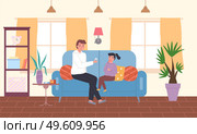Dad treats a little child. Girl takes pills in the apartment. Sick people spend time at home. Female character having a cold and sitting on the sofa. Kid is being treated for flu with special pills. Dad treats a little child. Girl takes pills in the apartment. Sick people spend time at home. Стоковая иллюстрация, агентство Ingram Publishing / Фотобанк Лори