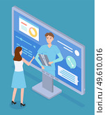 Traumatologist consults patient online via screen cartoon monitor. Traumatologist holds x-ray picture of broken bone, bone icon, text messages. Traumatology online. The concept of remote medical care. Traumatologist consults woman online. X-ray image of broken bone, online appointment with doctor. Стоковая иллюстрация, агентство Ingram Publishing / Фотобанк Лори