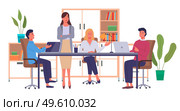Businesspeople communicating, discuss a project. Business meeting, working process. Man manager consulting sitting at a big table with laptops in office space, talking about conclusion of contract. Businesspeople communicating, discuss a project. Business meeting, working process in office room. Стоковая иллюстрация, агентство Ingram Publishing / Фотобанк Лори