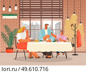 Family dining in restaurant near big window. Family members smiling mother, father and son sitting together at a table and eating dinner in modern loft style interior. Parents spend time with children. Family members smiling mother, father and son sitting together at a table in a restaurant and eating. Стоковая иллюстрация, агентство Ingram Publishing / Фотобанк Лори