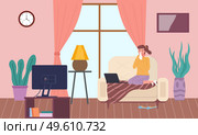 Female character having a cold and sitting on the sofa. Girl with a runny nose is watching tv. Woman with handkerchief sneezes. Self-isolation patient is being treated for flu with medicines at home. Female character having a cold and sitting on the sofa. Girl with a runny nose is watching tv. Стоковая иллюстрация, агентство Ingram Publishing / Фотобанк Лори