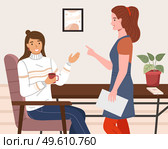 Girl is sitting at a table with a cup of coffee in her hand. Female character with red hair and a notebook is discussing. Women socialize and spend time together. Positive dialogue of happy friends. Girl is sitting at a table with cup of coffee in hand. Female character with notebook is discussing. Стоковая иллюстрация, агентство Ingram Publishing / Фотобанк Лори