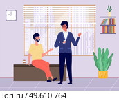 Young male characters are talking together. Positive communication of happy friends. People have a conversation. Men in glasses are working in the office. Guys drinking coffee and discussing at work. People working in the office. Positive communication of happy friends. Guys are drinking coffee. Стоковая иллюстрация, агентство Ingram Publishing / Фотобанк Лори