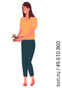 Portrait of young smiling woman with cute hamster in hands. Cheerful girl carries her little pet. Cartoon female character holding brown cavy flat vector design. Mistress with domestic animal rodent. Portrait of young smiling woman with cute hamster in hands. Cheerful girl carries her little pet. Стоковая иллюстрация, агентство Ingram Publishing / Фотобанк Лори