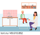 Female neuropathologist examining child. Boy with doctor together in the pediatrician s office. Woman works with a reflex hammer. Kid is visiting doctor during regular medical checkup in the hospital. Female neuropathologist examining child. Boy with doctor together in the pediatrician s office. Стоковая иллюстрация, агентство Ingram Publishing / Фотобанк Лори